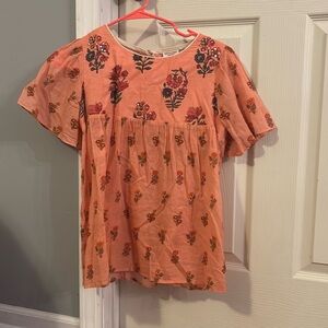 Short-Sleeve Anthropologie Beaded Floral Pink/Peach Top